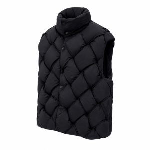 Black Sculpted Woven-Quilt Down Vest - View 1