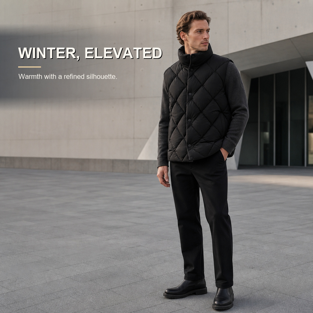 Black Sculpted Woven-Quilt Down Vest - View 5