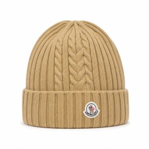 Camel Cable-Knit Badge Beanie - View 1