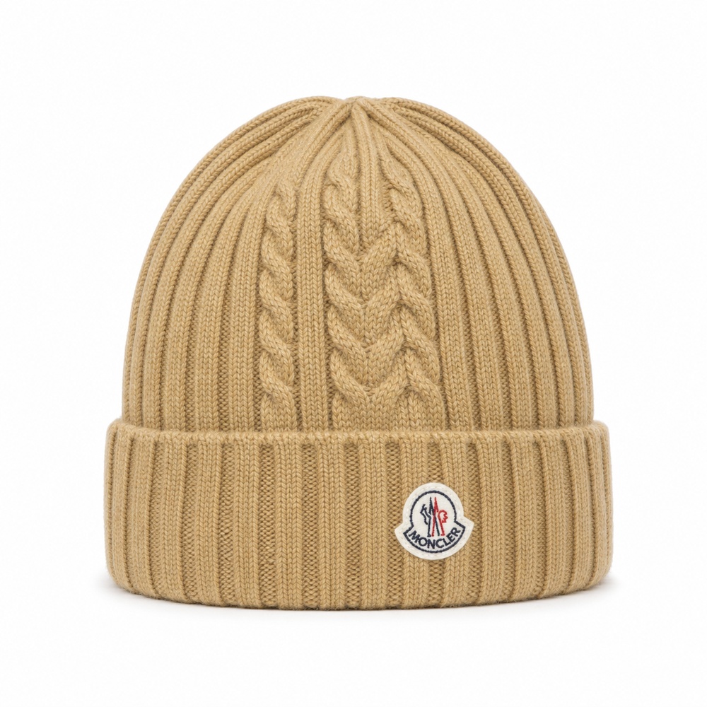Camel Cable-Knit Badge Beanie - View 1