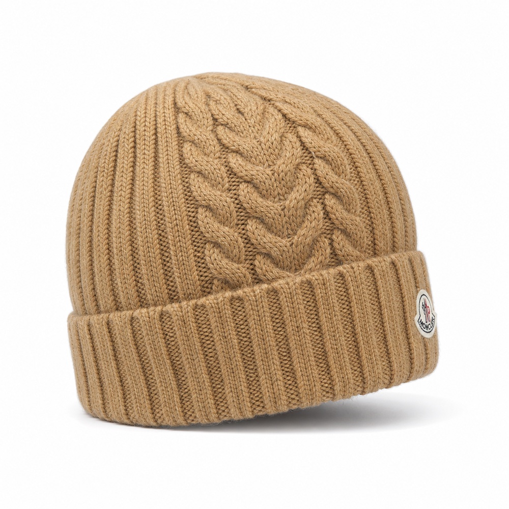 Camel Cable-Knit Badge Beanie - View 2