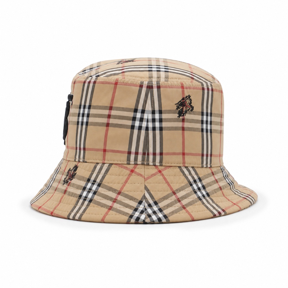 Beige Check Embroidered Bucket Hat - View 2