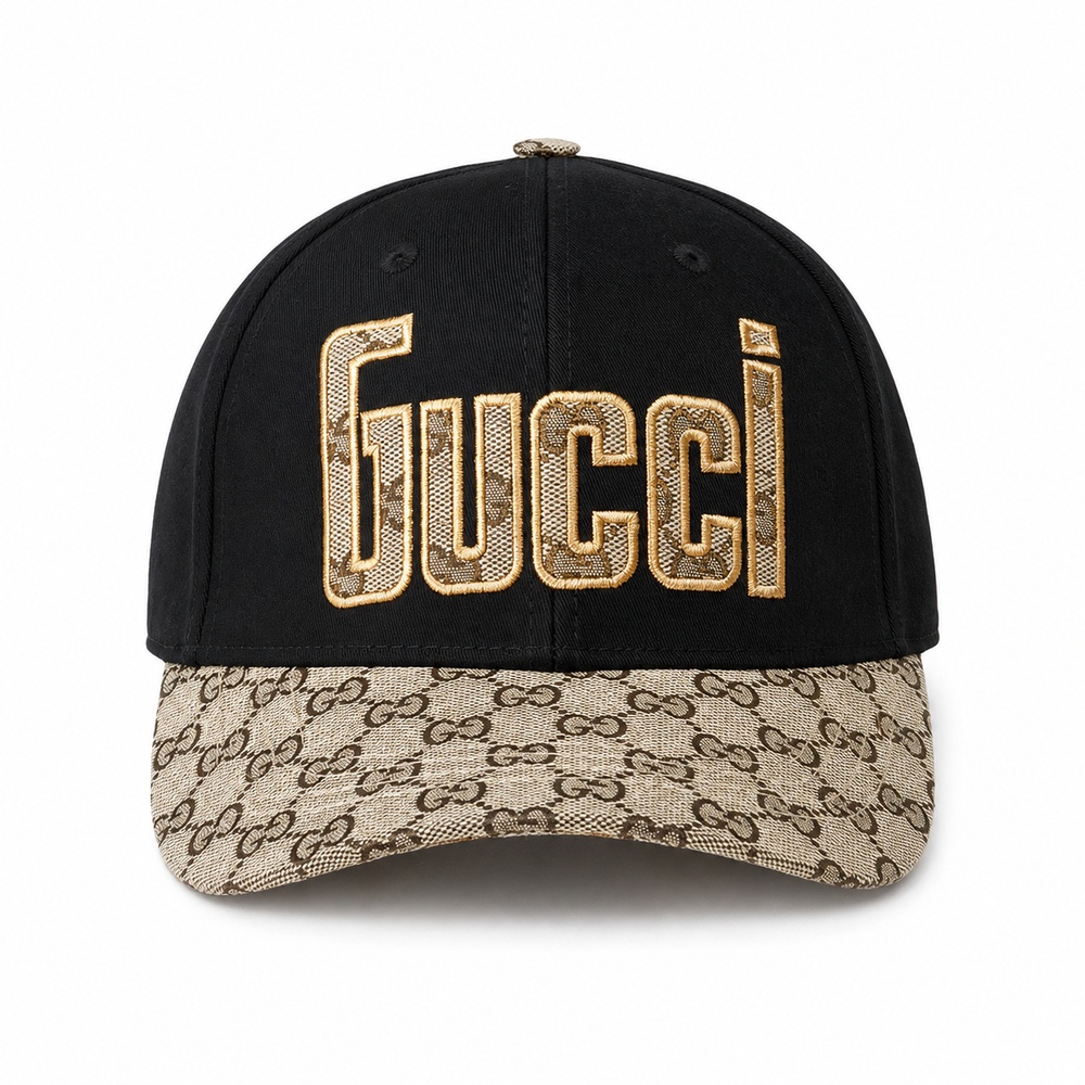 Black and Beige Embroidered Baseball Cap - View 1