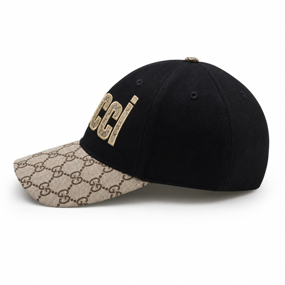 Black and Beige Embroidered Baseball Cap - View 2