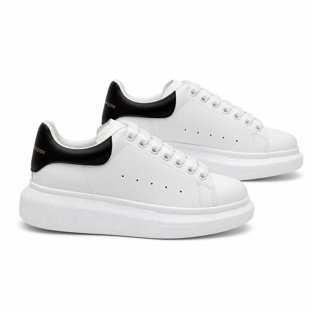 White Platform Sneakers with Black Heel Detail - View 3