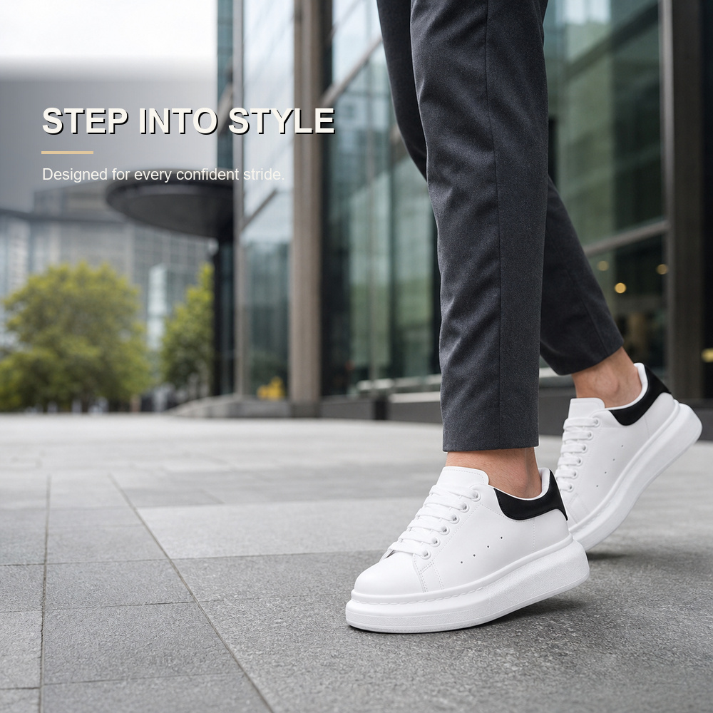White Platform Sneakers with Black Heel Detail - View 4