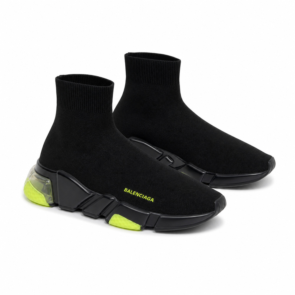 Black Knit Sock Sneakers with Neon Segmented Sole - View 1