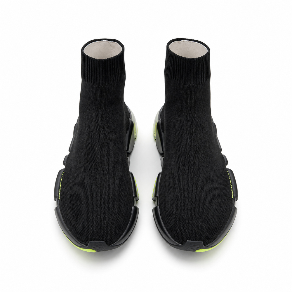 Black Knit Sock Sneakers with Neon Segmented Sole - View 2