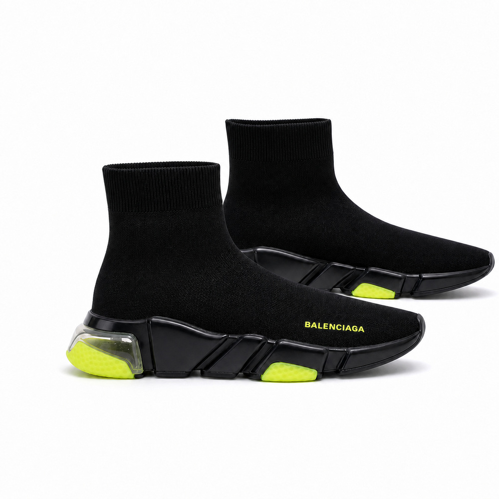 Black Knit Sock Sneakers with Neon Segmented Sole - View 3