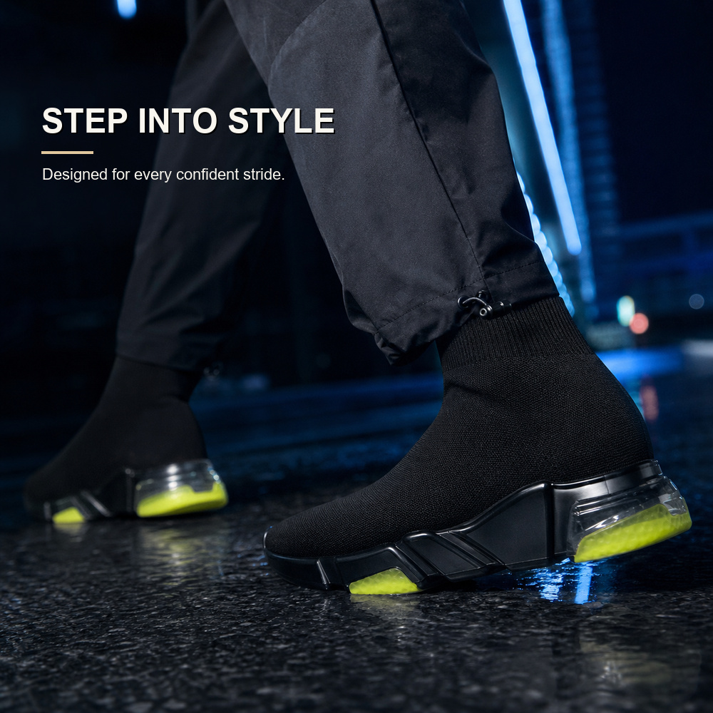 Black Knit Sock Sneakers with Neon Segmented Sole - View 4