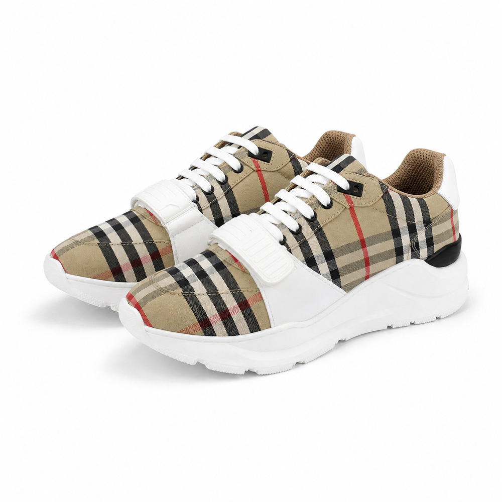 Beige Check Platform Sneakers with White Panels - View 1