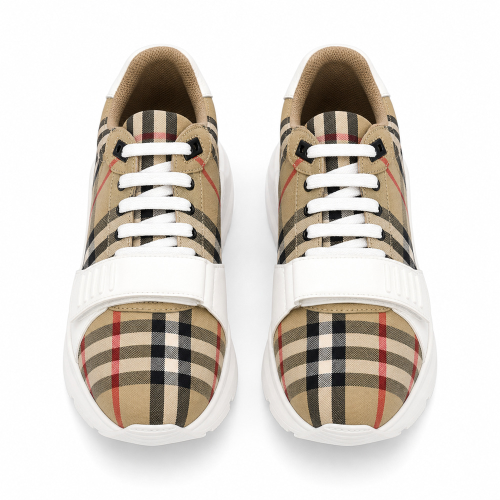 Beige Check Platform Sneakers with White Panels - View 2