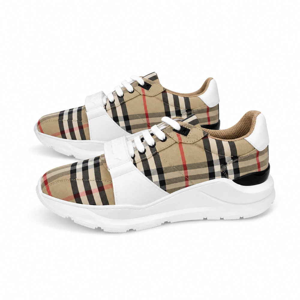 Beige Check Platform Sneakers with White Panels - View 3