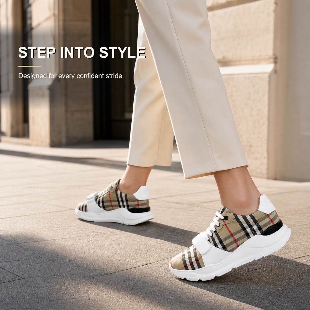 Beige Check Platform Sneakers with White Panels - View 4