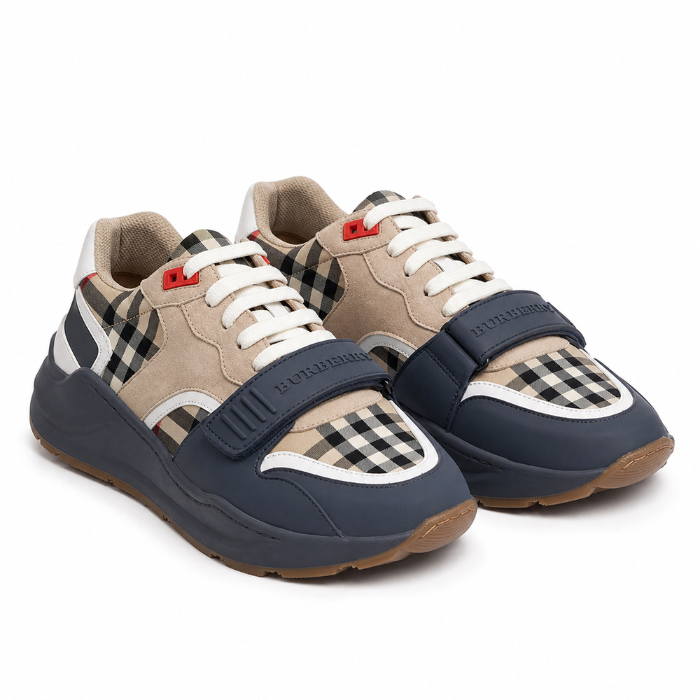 Beige Suede Check Sneakers with Dark Grey Strap - View 1