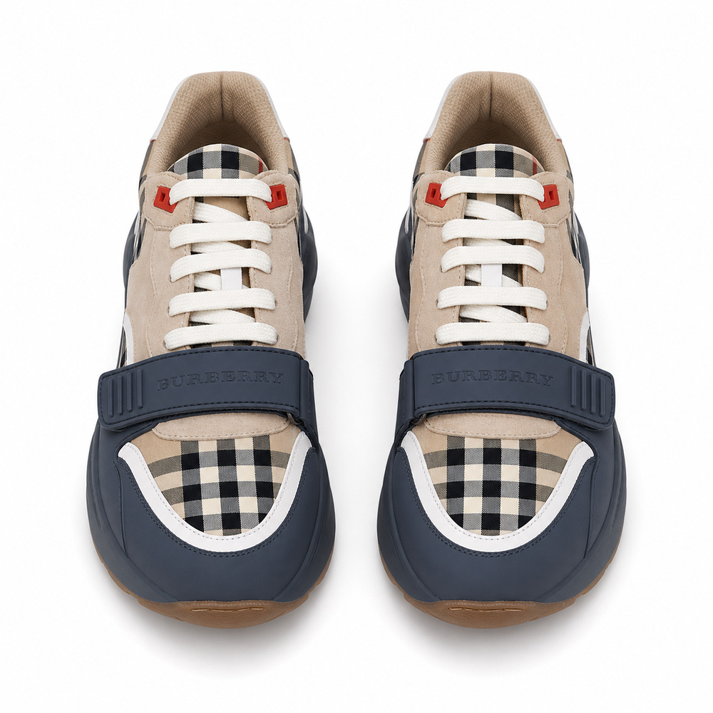 Beige Suede Check Sneakers with Dark Grey Strap - View 2