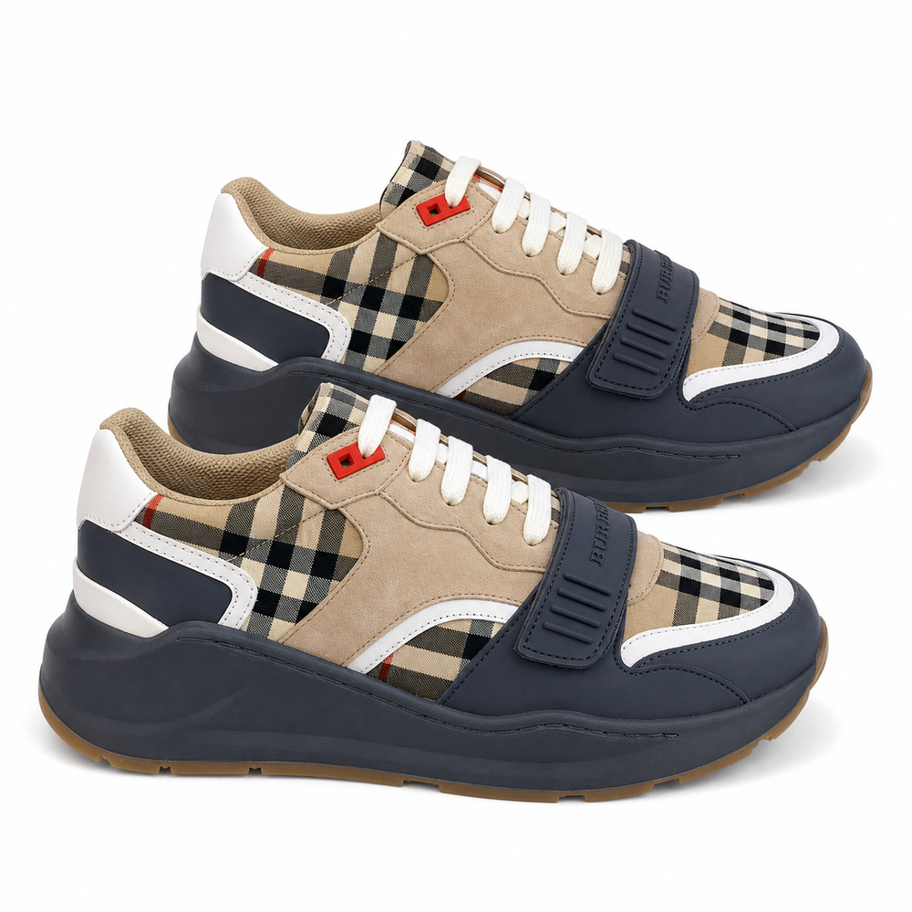Beige Suede Check Sneakers with Dark Grey Strap - View 3