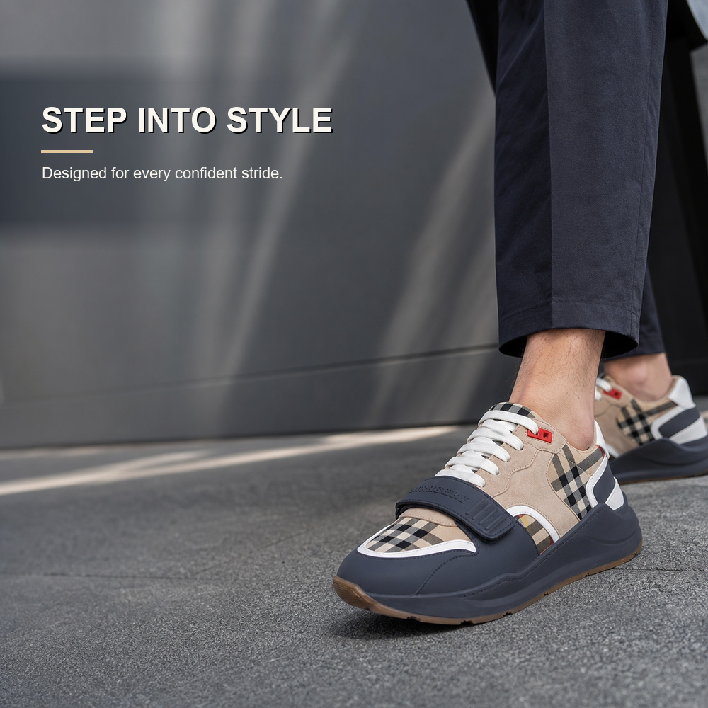 Beige Suede Check Sneakers with Dark Grey Strap - View 4