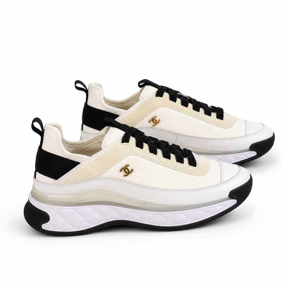 Cream and White Sneakers with Quilted Platform Sole - View 3