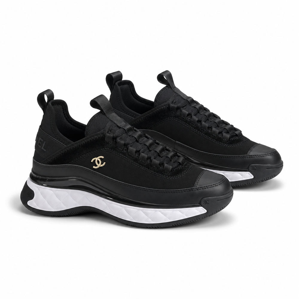 Black Sneakers with White Quilted Platform Sole - View 1