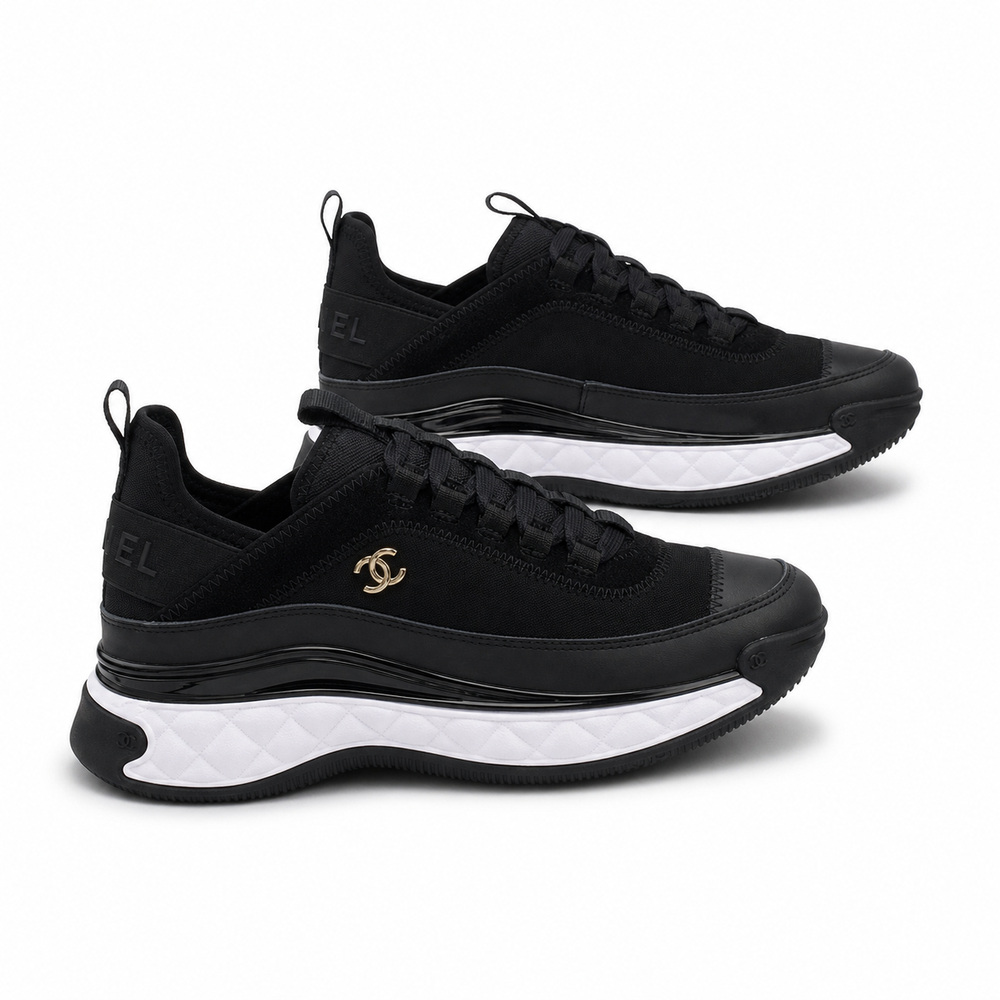 Black Sneakers with White Quilted Platform Sole - View 3