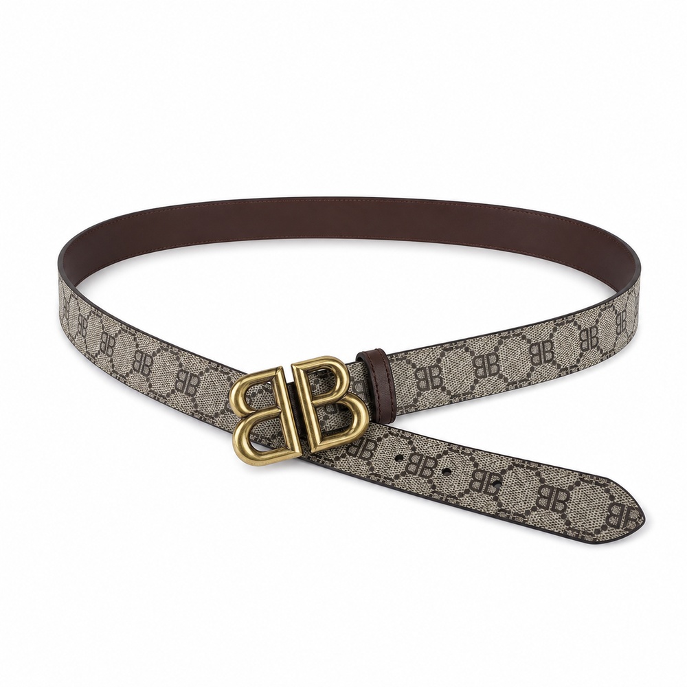 Gray Brown Patterned Antique Gold Buckle Belt, 38mm - View 1