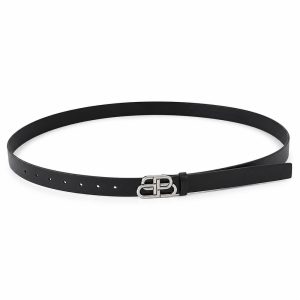 Black Narrow Silver Buckle Belt, 25mm - View 1