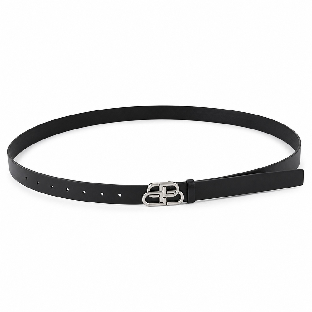 Black Narrow Silver Buckle Belt, 25mm - View 1