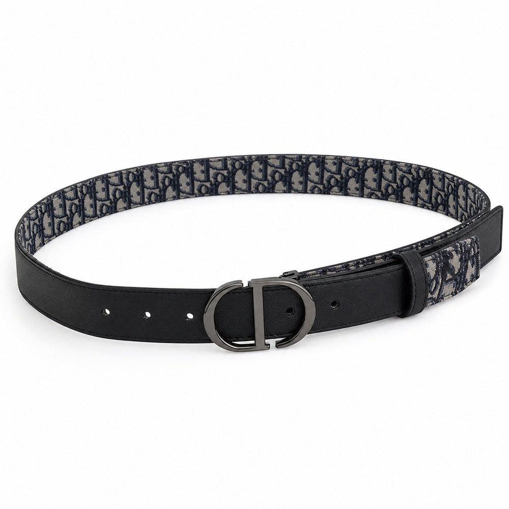 Reversible Black and Navy Patterned Belt, 30mm - View 1