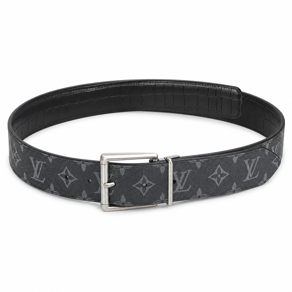 Reversible Gray Patterned and Black Croc-Texture Belt, 40mm - View 1