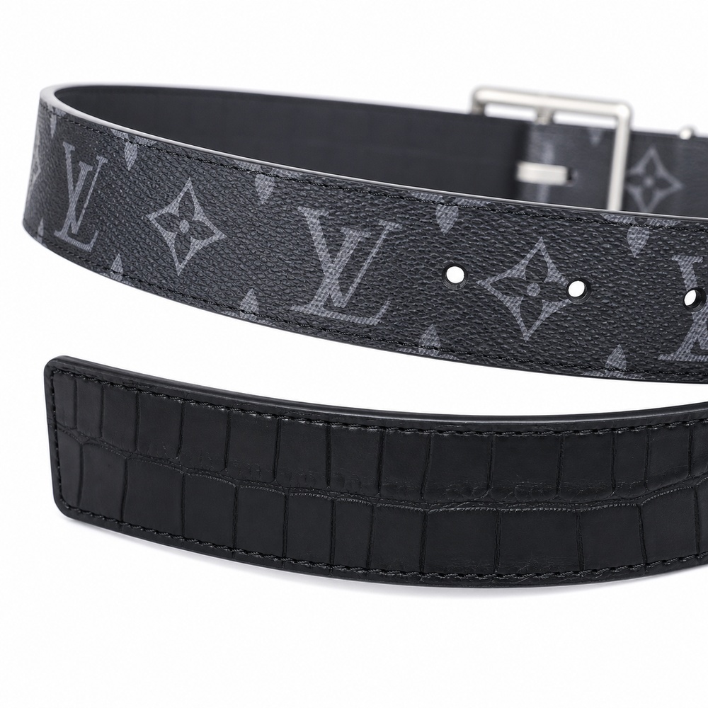 Reversible Gray Patterned and Black Croc-Texture Belt, 40mm - View 3
