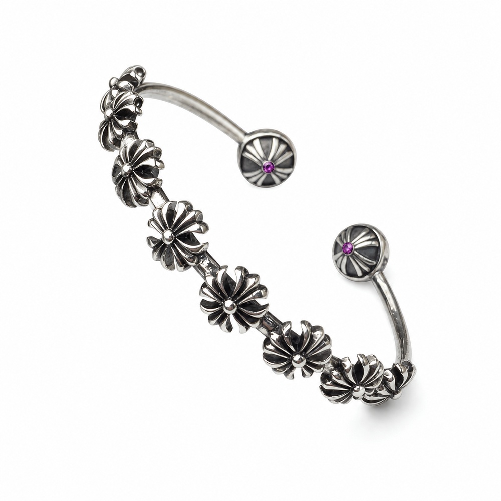 Oxidized Silver Cross-Floral Link Bracelet - View 1