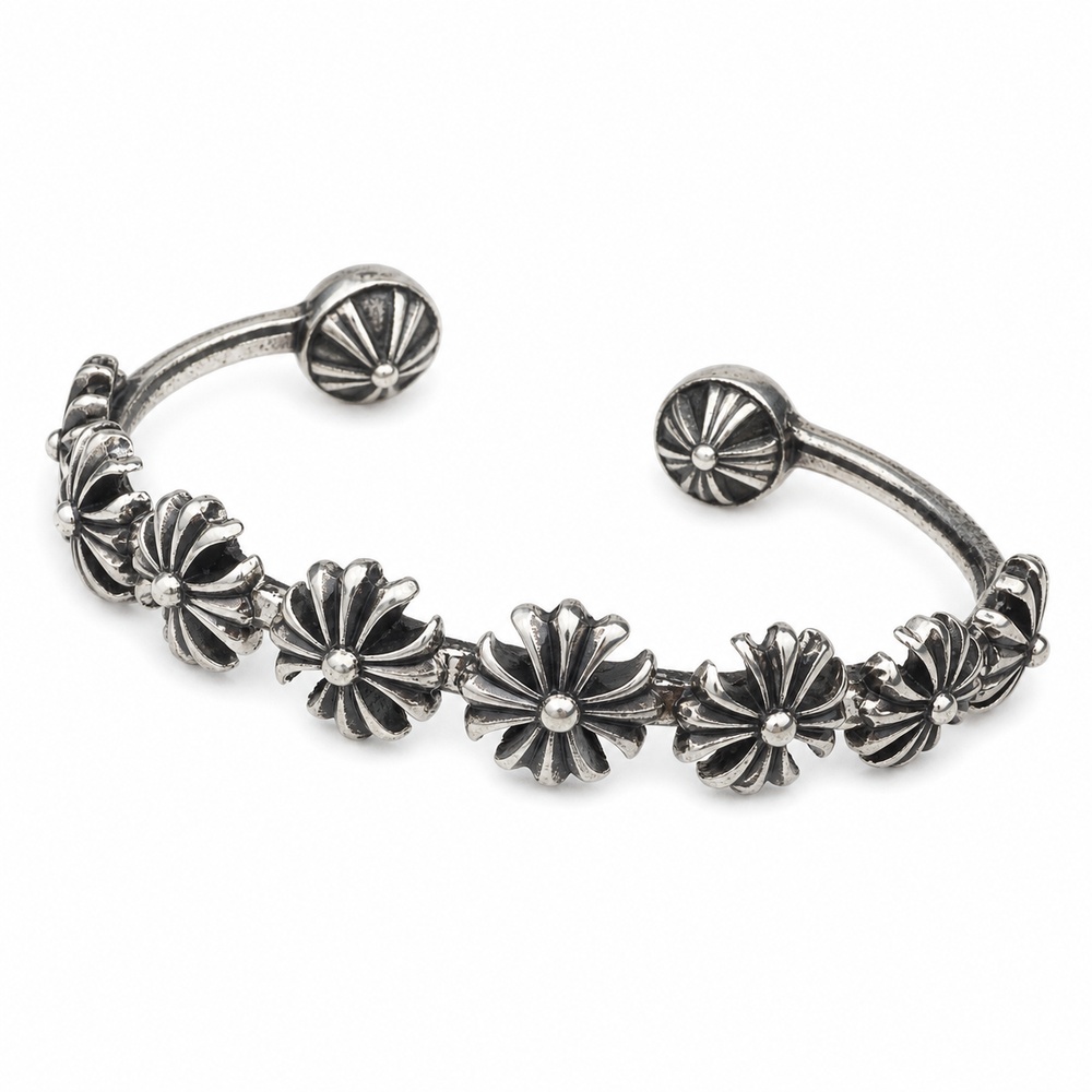 Oxidized Silver Cross-Floral Link Bracelet - View 2