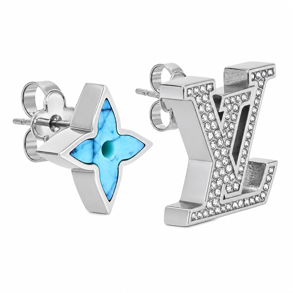 Blue and Silver Asymmetric Stud Earrings - View 2