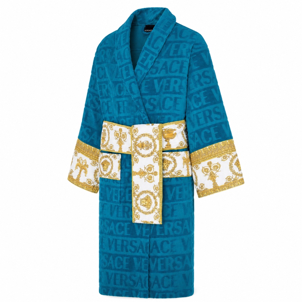 Turquoise White and Gold Baroque Long Bathrobe - View 1