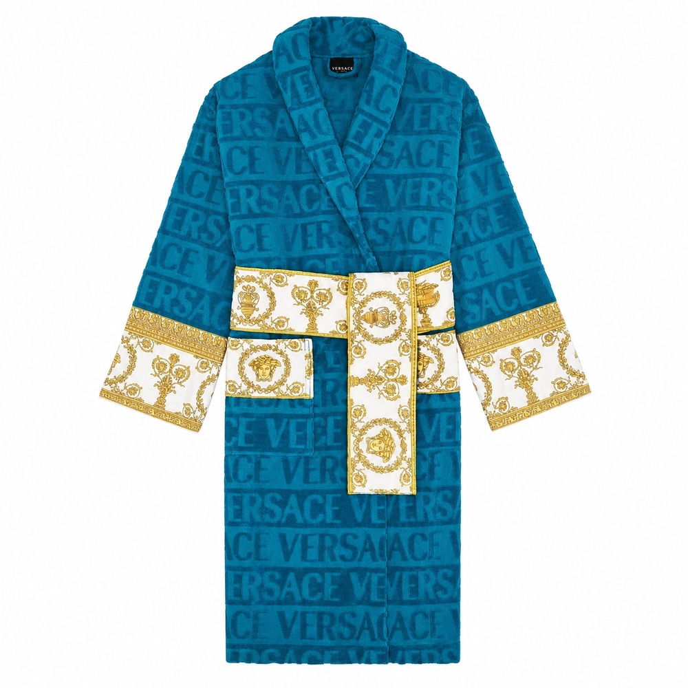 Turquoise White and Gold Baroque Long Bathrobe - View 2